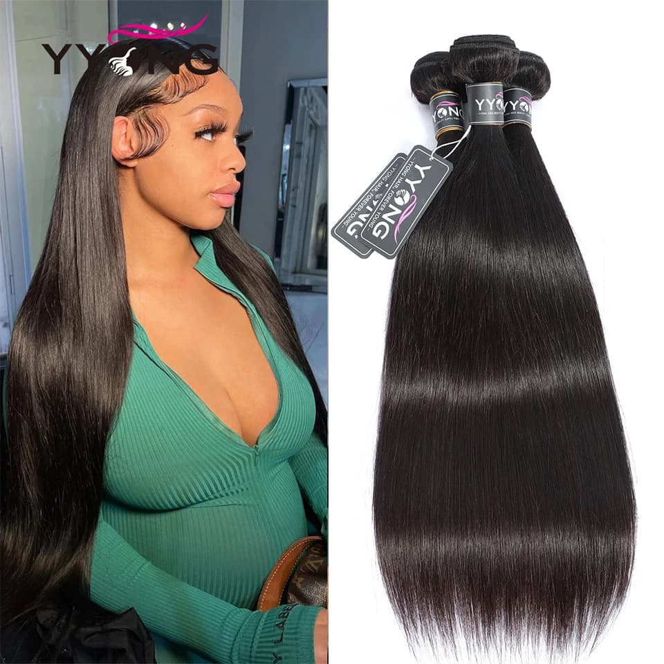 Yyong Peruvian Straight Hair Bundles 100% Human Hair Weaves 1/3/4 Bundles Natural Color Remy Hair Extension 8-32" Can Be Restyle