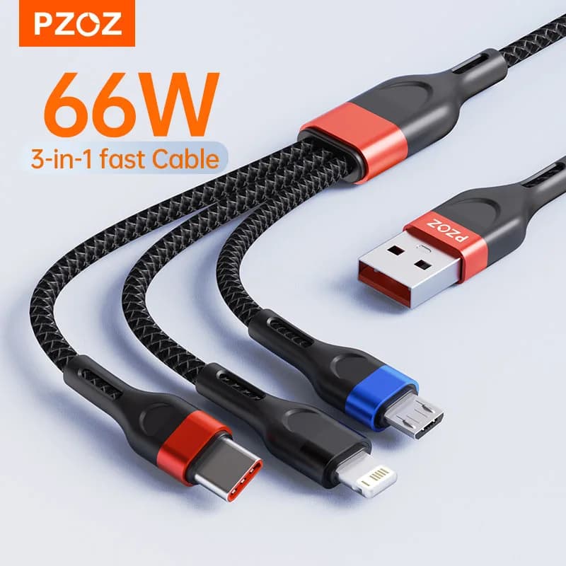 PZOZ 66W 3 in 1 6A USB Type C Cable Super Fast Charging Micro USB C Cable For iPhone Samsung Xiaomi Huawei Phone Cord Charger