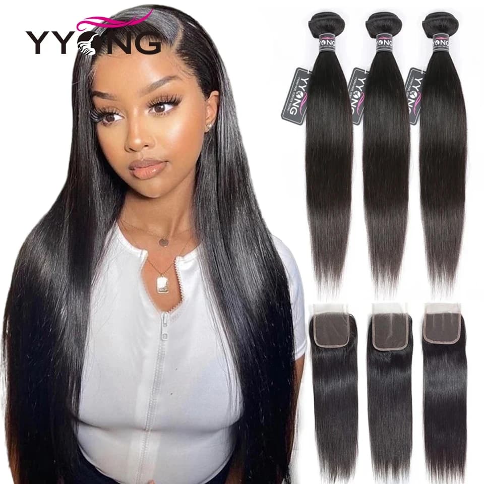 Yyong Peruvian Straight Hair 3/4 Bundles With Closure Closures With Bundles Bone Straight Human Hair Bundles With Lace Closures