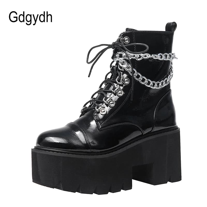 Gdgydh Patent Leather Gothic Black Boots Women Heel Sexy Chain Chunky Heel Platform Boots Female Punk Style Ankle Boots Zipper