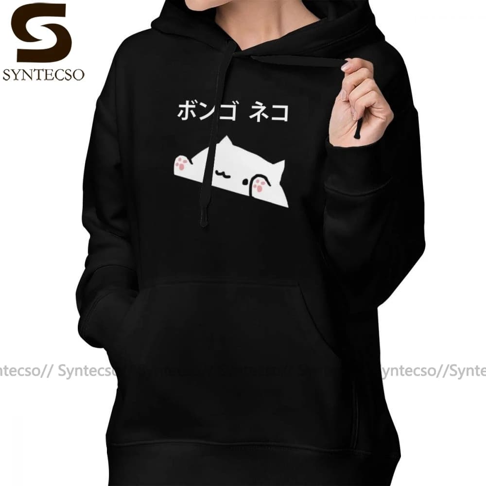 Cat Piano Hoodie Bongo Cat Japanese Long Sleeve Cotton Women's Navy Blue Streetwear Printed Pullover