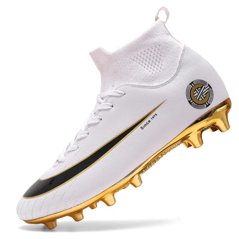 High Ankle White Golden Soccer Cleats for Men and Women, Soft Ground Football Boots, Training Socks Shoes, Botas De Futbol