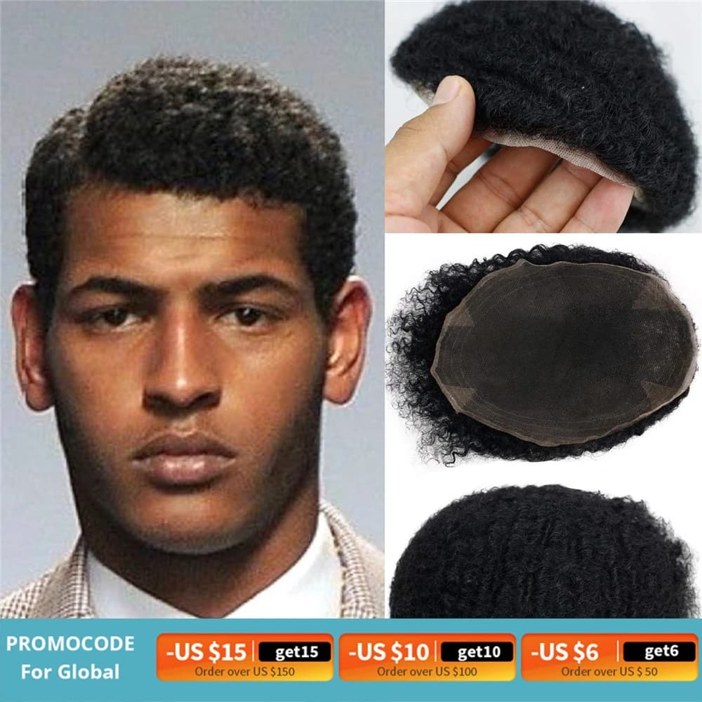 100% Human Hair Swiss Lace Toupee for Black Men - Afro Curly Full Replacement Wig, 10x8 inches Size, 1B Remy Hair, African American Style