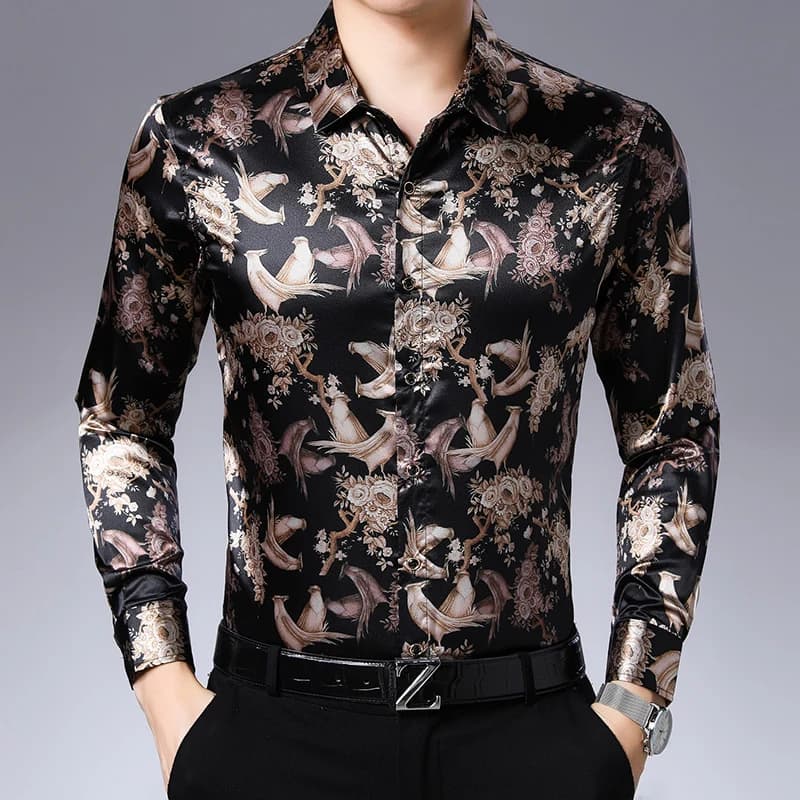 Men's Dark Blue Floral Printed Silk Elastic Long Sleeve Plus Size Shirt for Flowers Party Dress