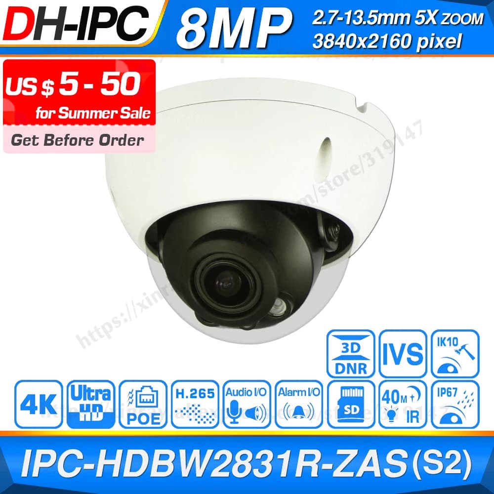 Dahua IPC-HDBW2831R-ZAS-S2 8MP 4K 5X Zoom POE SD Card Slot Audio Alarm I /O H.265+ 40M IR IVS IK10 Starlight IP Camera - Original Dahua