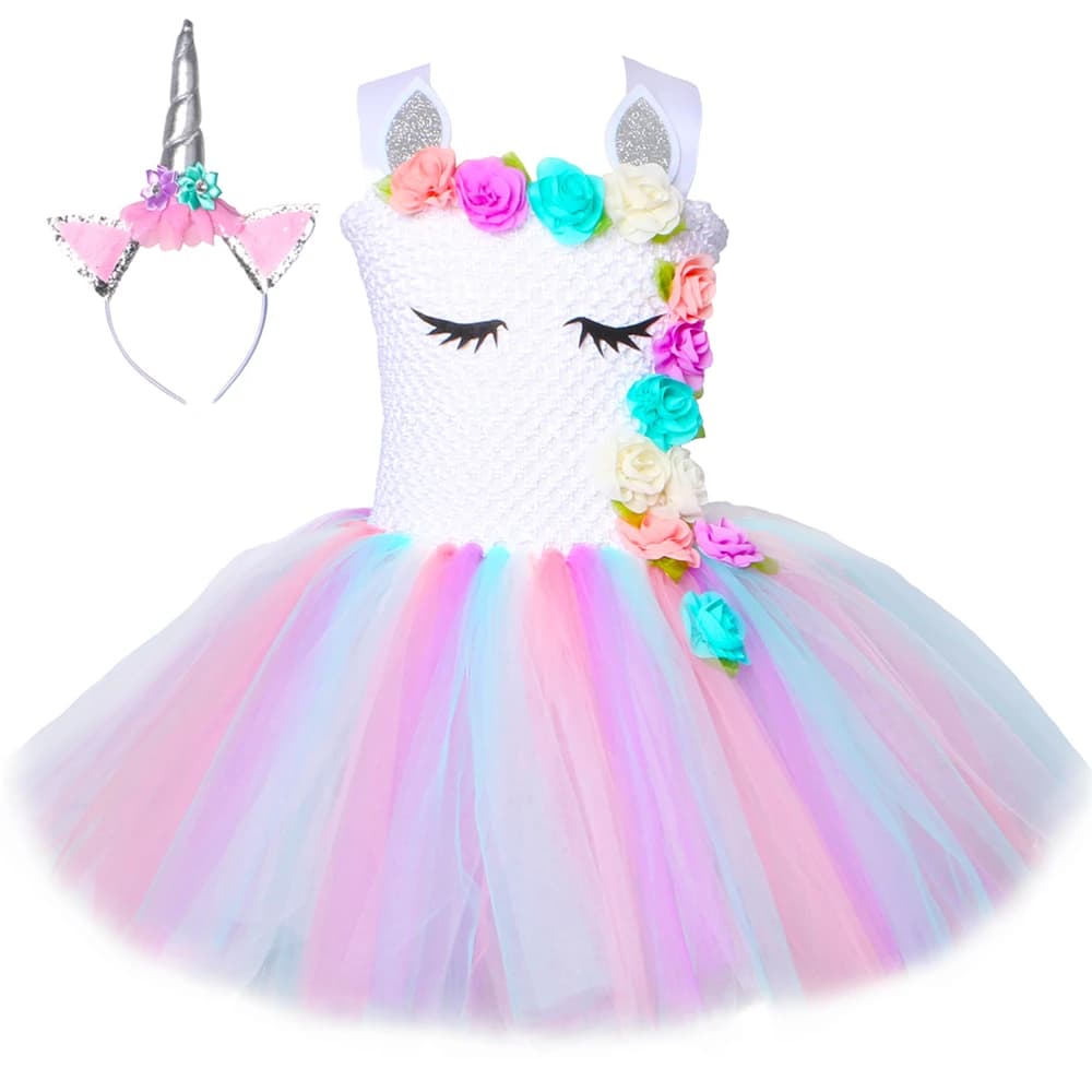 Girls Unicorn Tutu Dress - Pastel Rainbow Princess Costume for Kids - Birthday Party Dress or Halloween Outfit for Children Ages 1-14