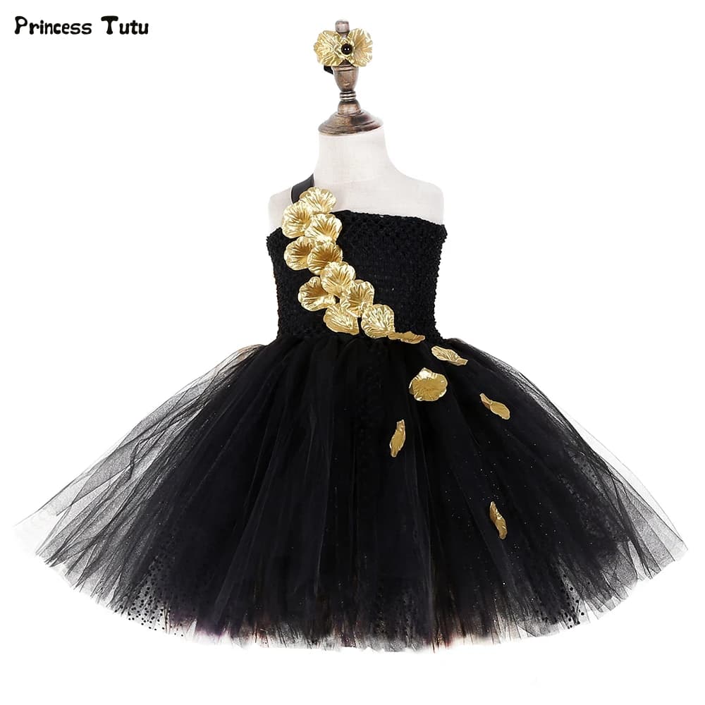 Girls Black Gold Tutu Dress Tulle Flower Petals Evening Pageant Wedding Gown Birthday Party Dress