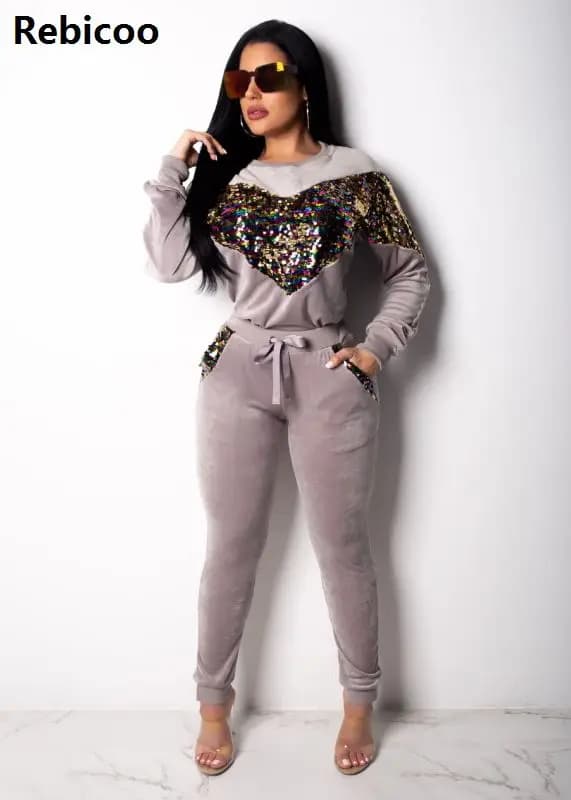 Women's Autumn/Winter Sequin Velvet Tracksuit Set with Long Sleeve Hoodie Top and Pants - Rebicoo