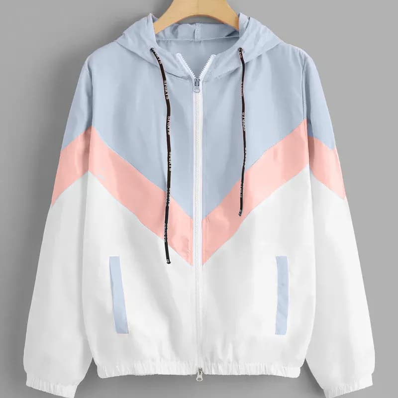 Women's Color Block Windbreaker Jacket, Multicolor Patchwork Hooded Coat, Harajuku Style Basic Jackets for Women