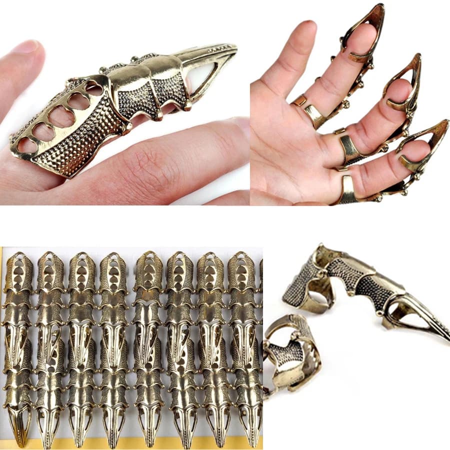 2pcs Gothic Full Finger Armor Claw Rings Metal Knuckle Joint Rings for Women Men - Punk Robot Style Party Jewelry