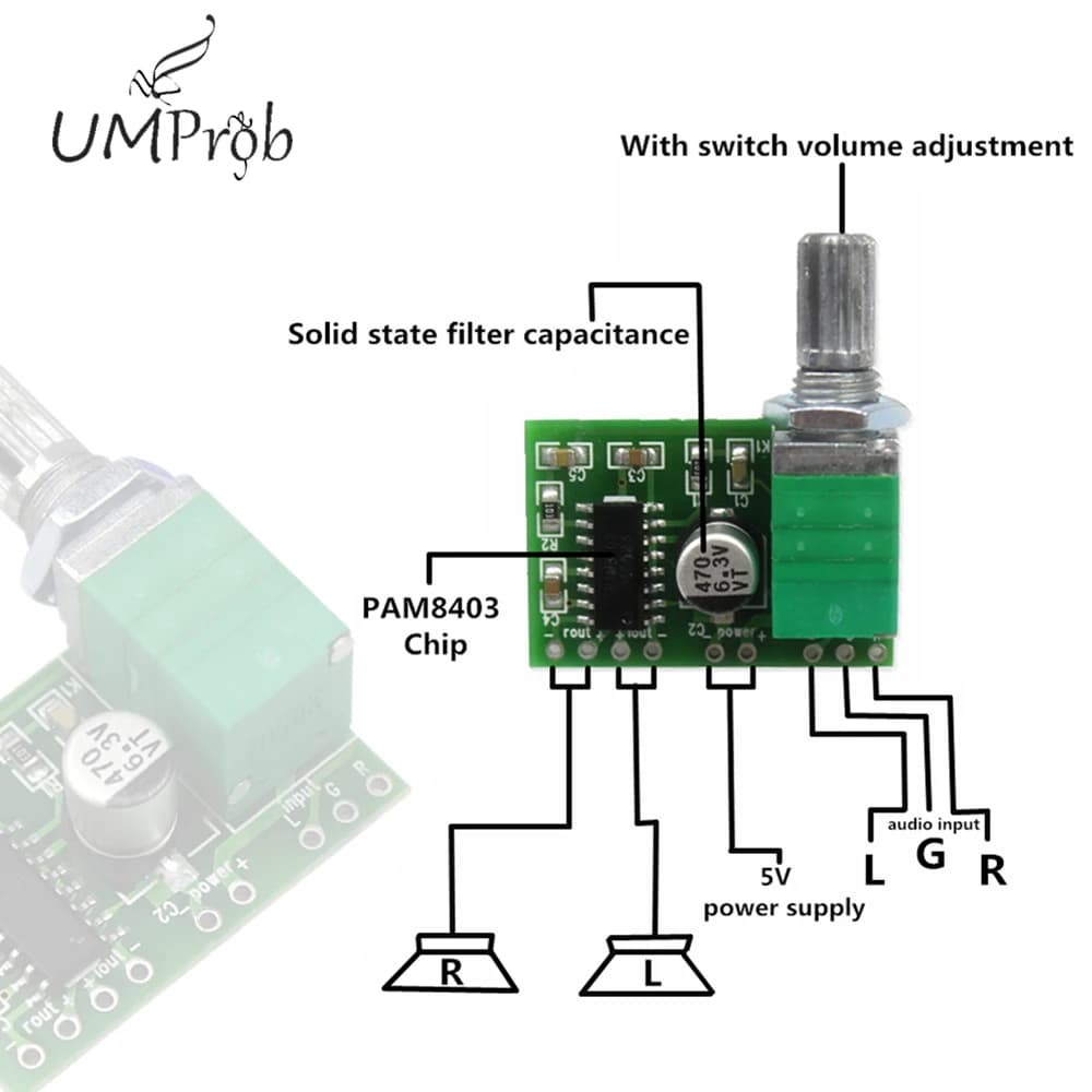 PAM8403 5V Power Audio Amplifier Board - 2 Channel, 3W, with Volume Control and USB Power