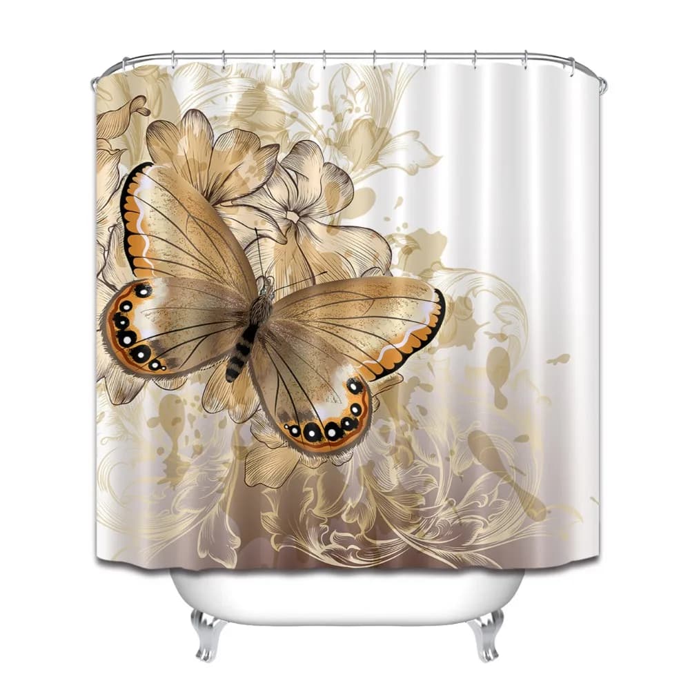 LB 72 Inch Floral White and Gold Butterfly Shower Curtain - Luxury Fabric Polyester Bathroom Decor for Bathtub