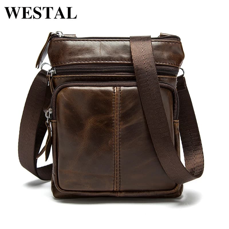 WESTAL Genuine Leather Men's Messenger Bag, Small Crossbody Shoulder Bag for Men with Flap