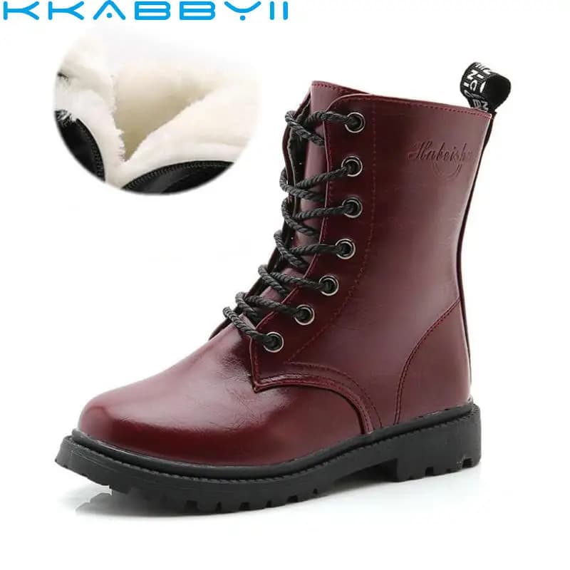 Boys Girls Waterproof Martin Boots - Children's Winter Boots Shoes with Snow Fur, Red Black - Ankle Boots for Kids, Females