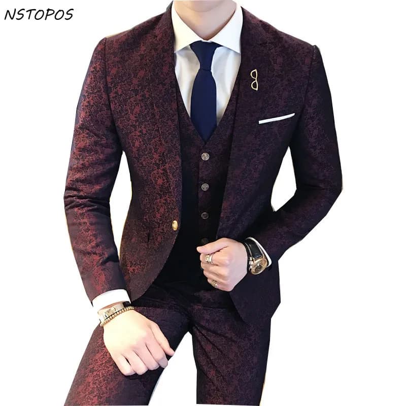 Tuxedo Paisley Jacquard Suit 3XL in Luxury Wine Red for Men's Wedding Costume Vintage British Style with Pants