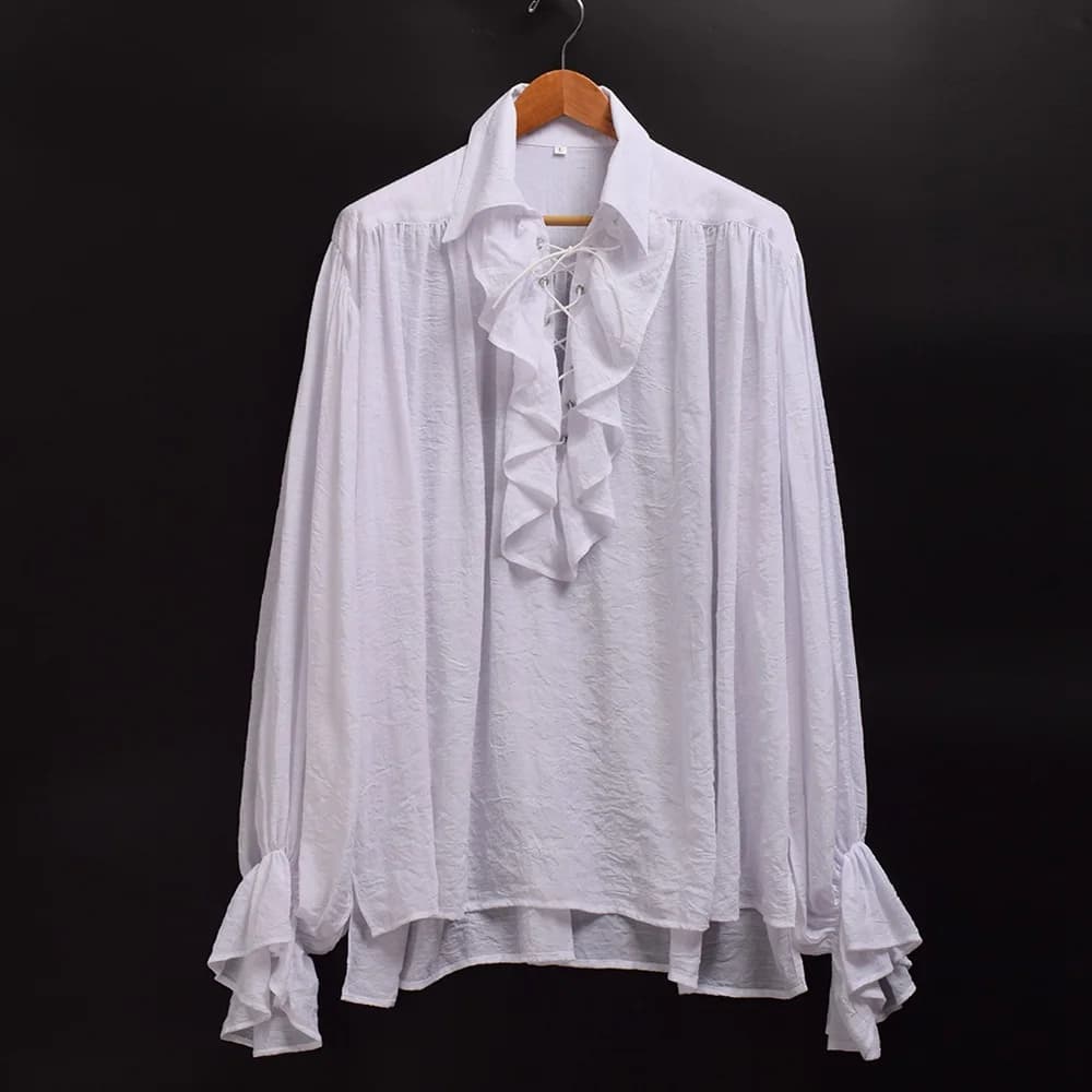 Vintage Renaissance Poet White Black Scottish Vampire Colonial Ruffles Jabot Blouse Long Sleeve Pirate Shirt for Men