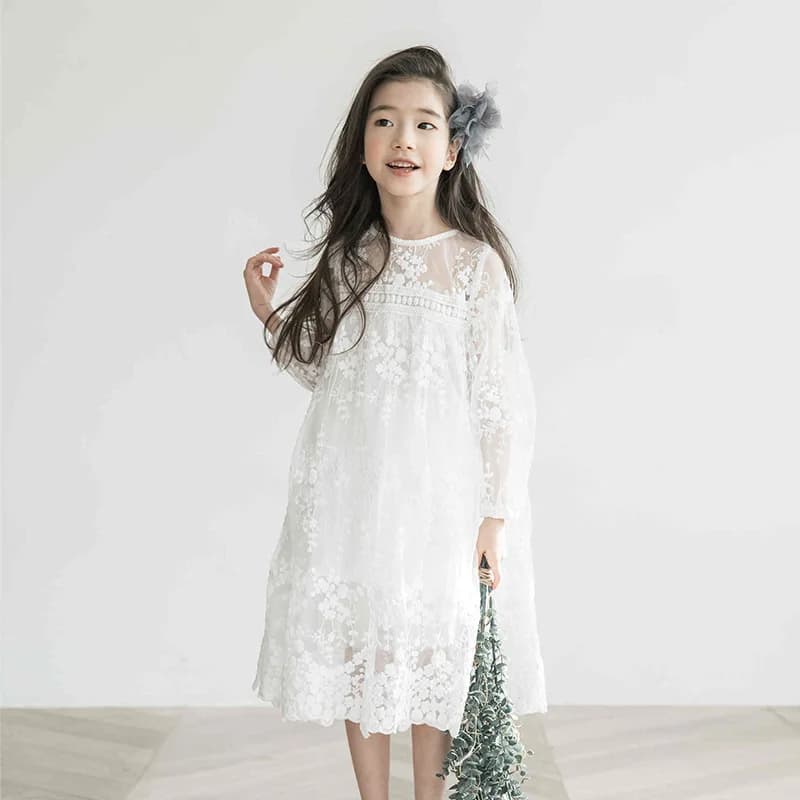 Big Girls Summer Princess Party Dress with Lace Embroidery - White, Sizes 4-14, Children's Clothing