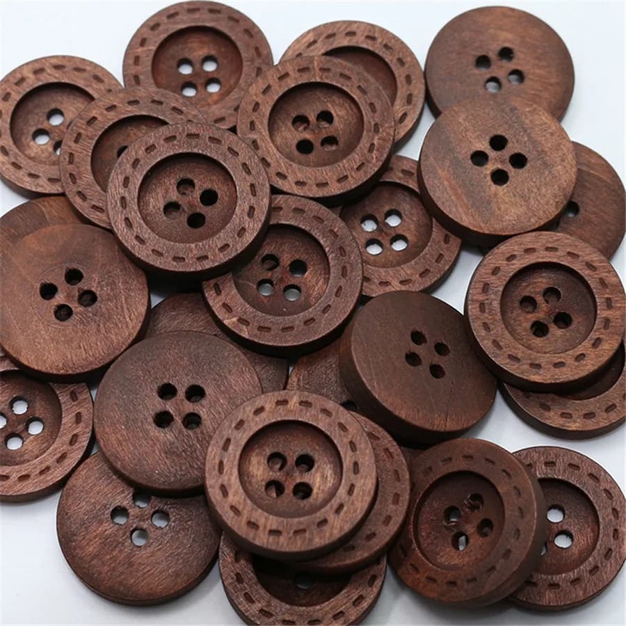 20 Coffee Dyed Wooden Buttons - 4 Holes, Ideal for Clothes, Shirts, and Decorative Sewing Embellishments