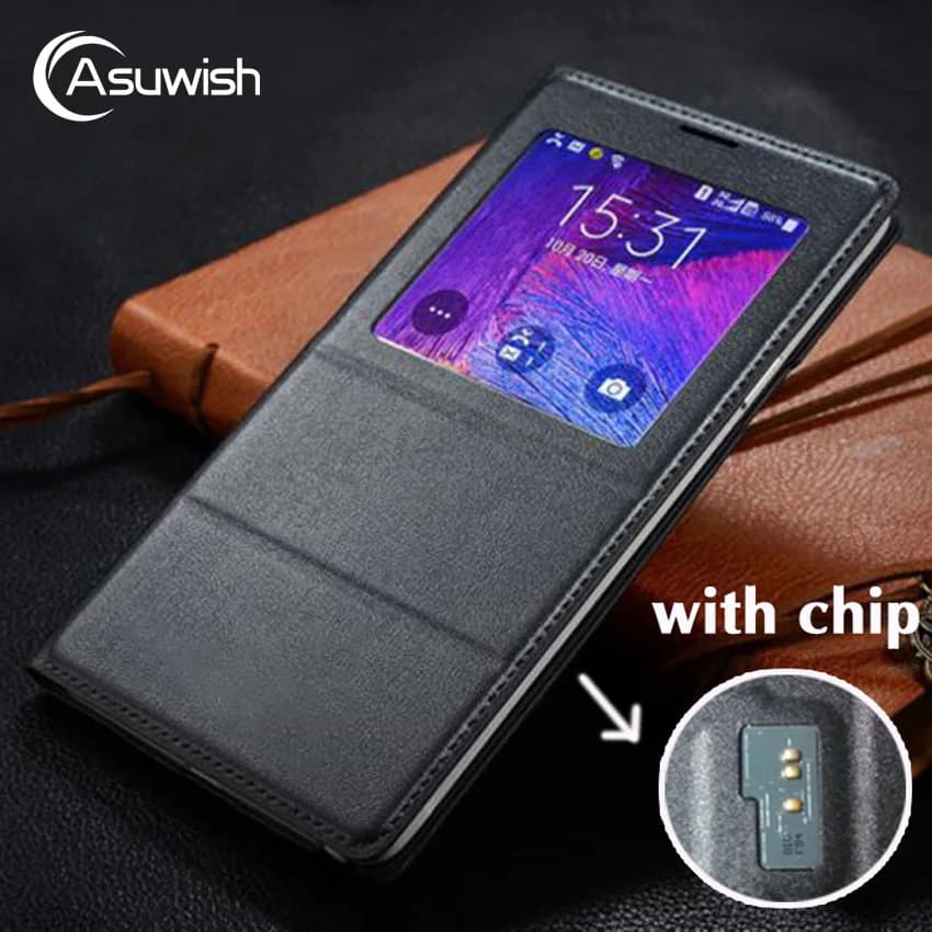 Asuwish Flip Leather Case for Samsung Galaxy Note 4, N910, N910F, N910H - Smart View Cover with Original Chip