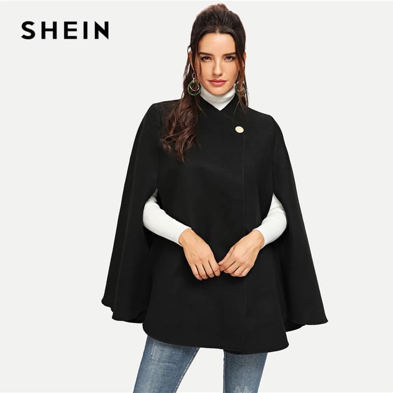 Winter Women's Highstreet Solid Black Single Button Cloak Sleeve Oversized Cape Coat - Elegant Workwear Outerwear from SHEIN