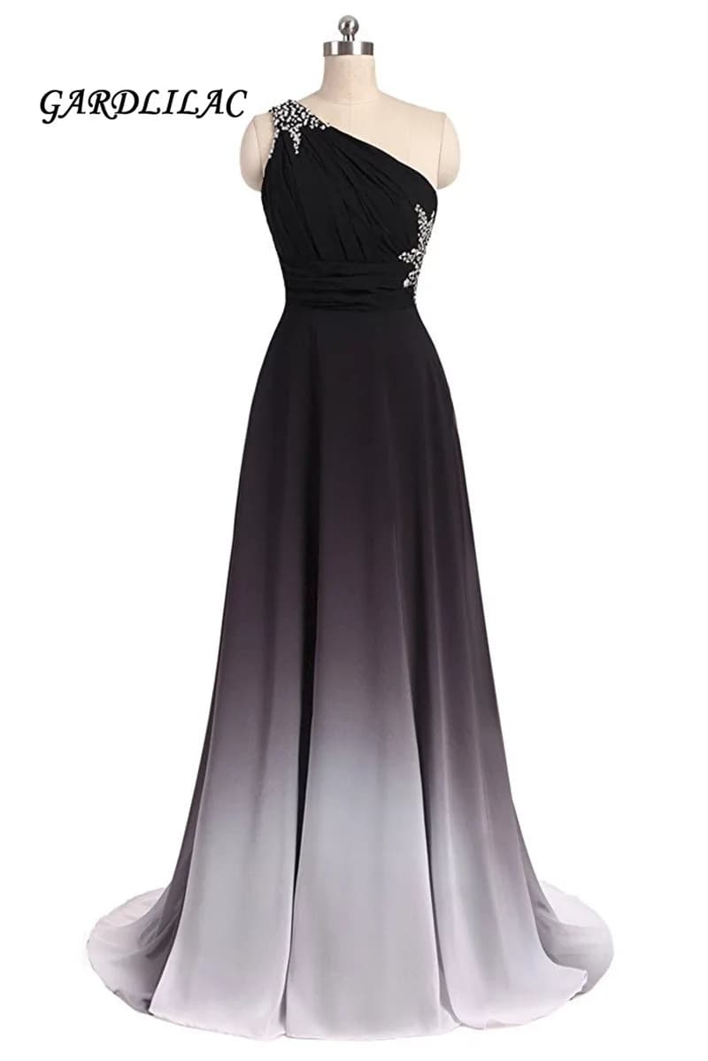 One-Shoulder Ombre Long Black White Gradient Chiffon Evening Prom Dresses with Beads for Wedding Party Gowns