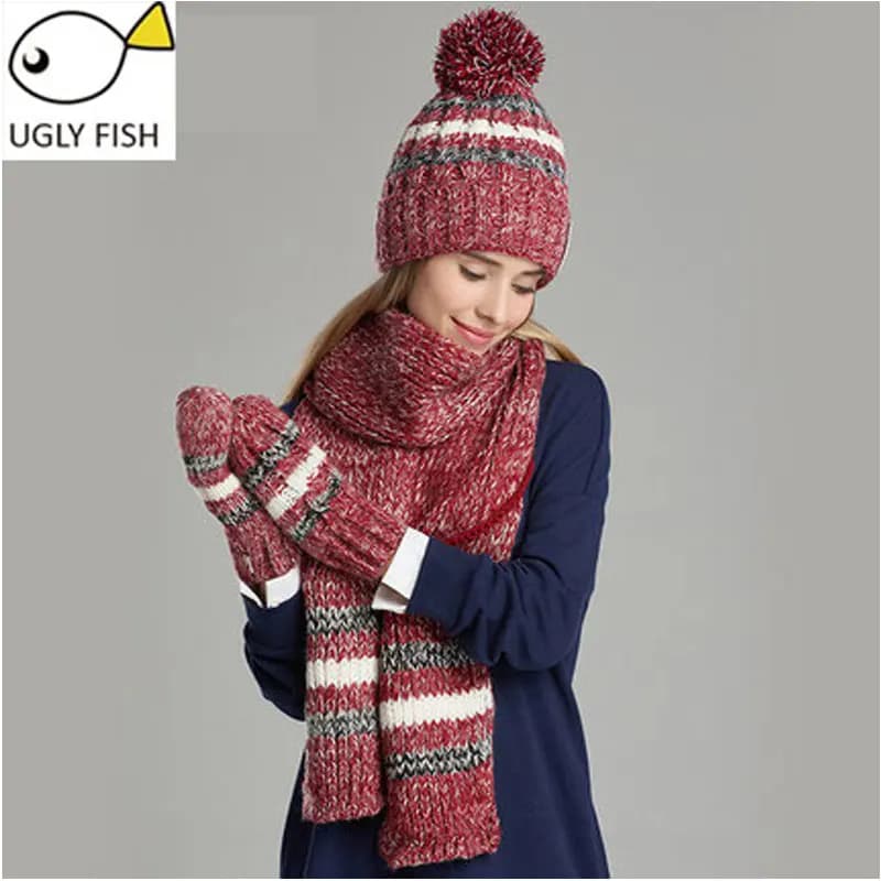 Women's Winter Knitted Hat, Scarf, and Gloves Set - Cotton Fashion Accessories