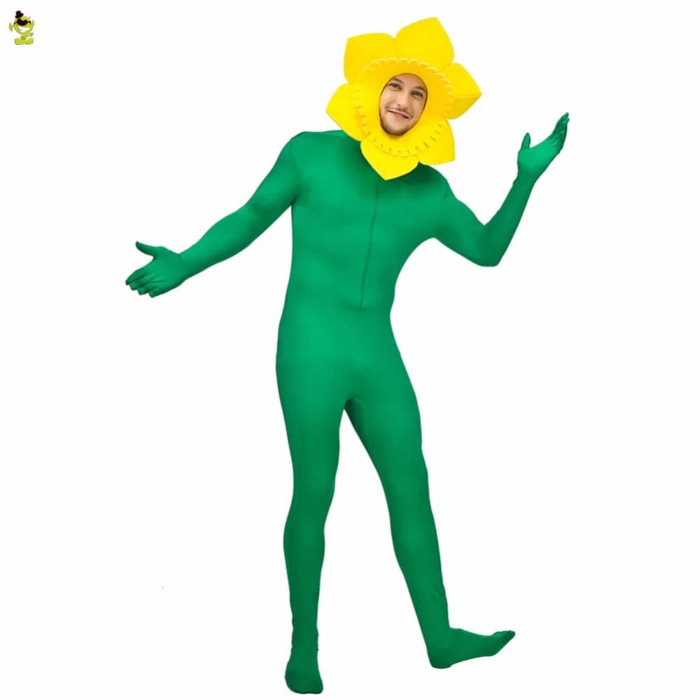 Men's Sunflower Fancy Dress Costume with Yellow and Green Flower Jumpsuit - Perfect for Funny Role-plays and Carnival Parties