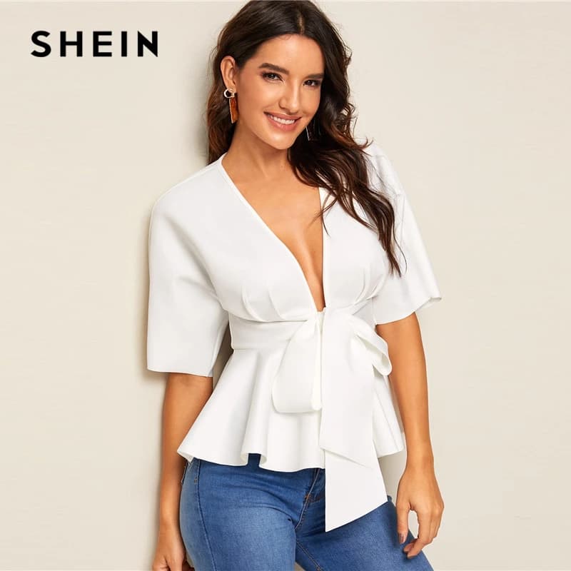 White Solid Slim Fit Women's Plunge Neck Tie Waist Peplum Top - Deep V Neck Summer Short Sleeve Blouse by SHEIN