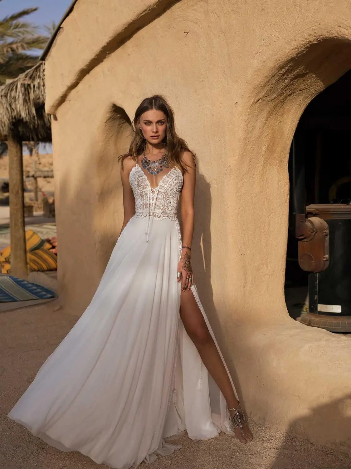 Bohemian Wedding Dress with Spaghetti Straps, Side Split, and Floor Length - Beach A-Line Bridal Gown