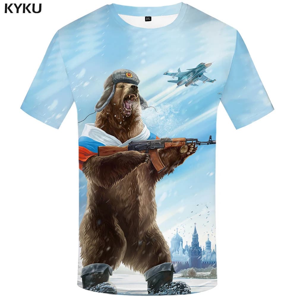 KYKU Russia T-shirt: Bear Shirts, War Tshirt, Military Clothing, Gun Tees; Men's 3D T-Shirt