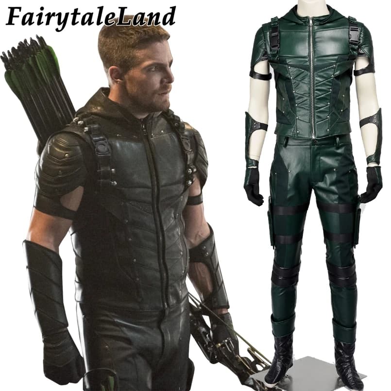 Green Arrow Cosplay Costume - Men's Halloween Superhero Oliver Queen Green Arrow Leather Suit