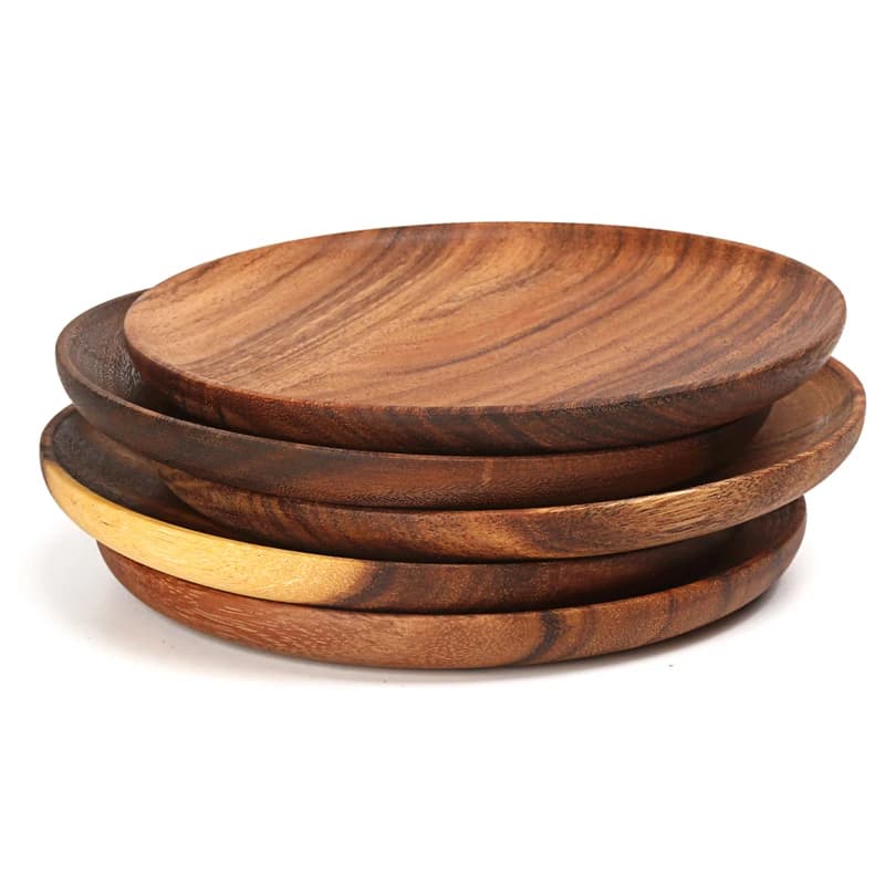 Acacia Wood Set of 2 Round Cake Dishes, Dessert Serving Trays, Sushi Plates, and Dinnerware Wooden Plates for Restaurants and Homes