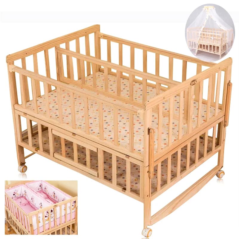 Baby Twins Crib with Mosquito Net, Double Infant Wooden Bed Can Joint with Adult Bed