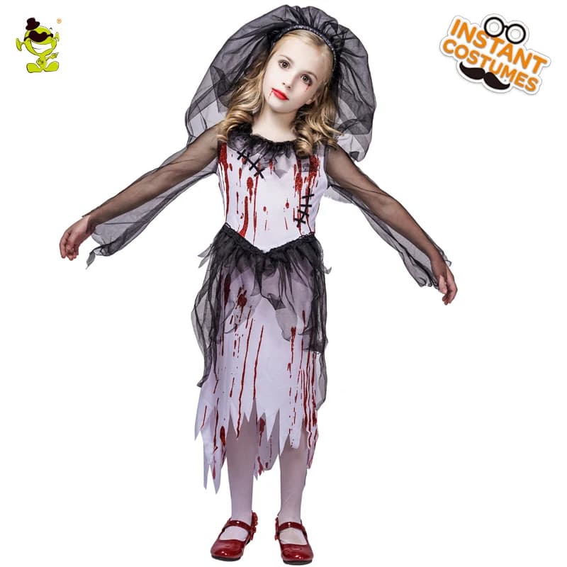 Kids Zombie Bride Costume - Horror Bloody Vampire Masquerade Stage Outfit