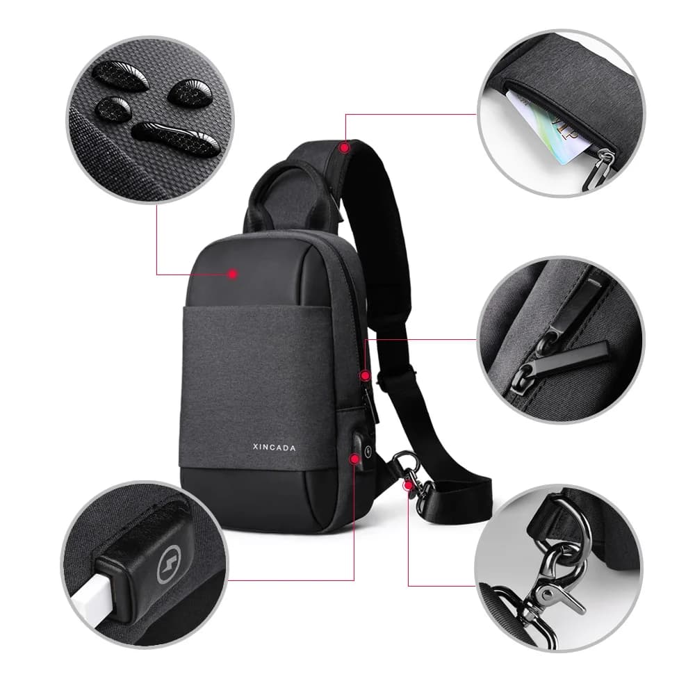 XINCADA Men's Sling Bag Chest Pack Shoulder Crossbody Bags with USB Charging Port - Small Bag Man Purse