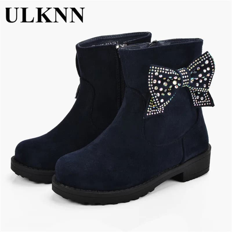 Girls Winter Boots - ULKNN Plush Warm Shoes, Flock Waterproof Kids Botas, Butterfly Crystals Snow Boots for Girls