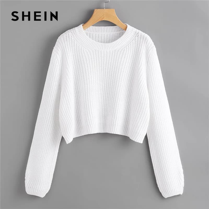 SHEIN Women's White Loose Fit Crop Jumper Pullover - Solid Sweater for Spring and Autumn - Round Neck, Long Sleeve Casual Sweaters