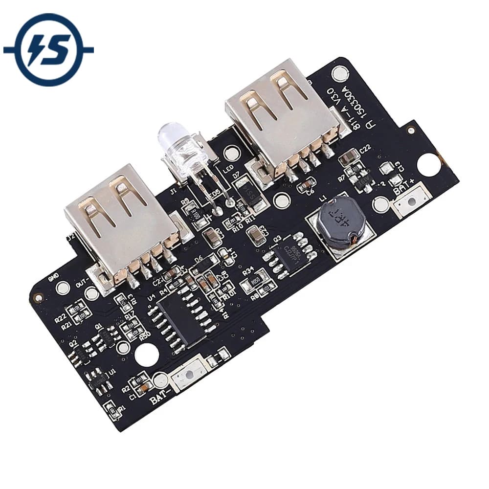 Step Up Boost Power Supply Module: 5V 2A Charger Circuit Board with Dual USB 2A Output and 1A Input for Power Bank