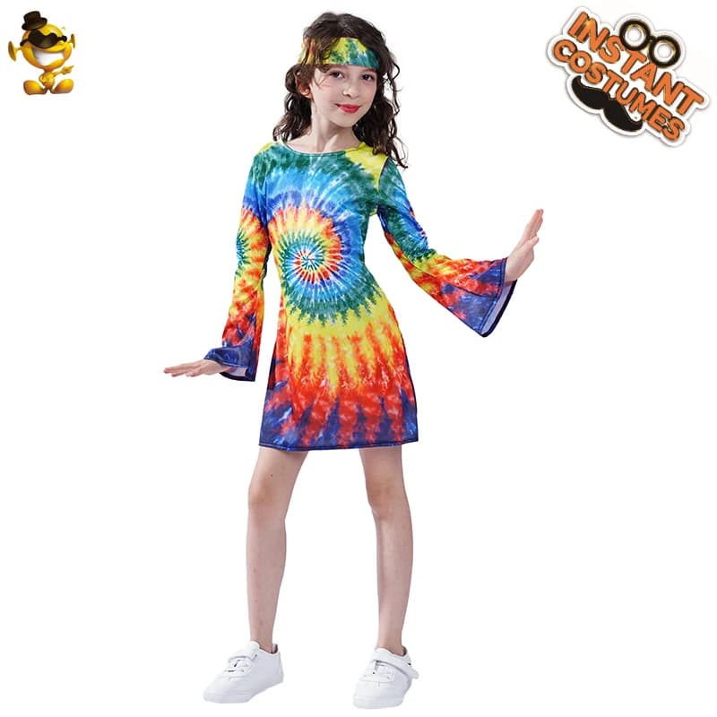 New Style Girl's Rainbow Hippie Dress Costumes for Carnival & Halloween - Kids Flower Hippies Clothes Dress