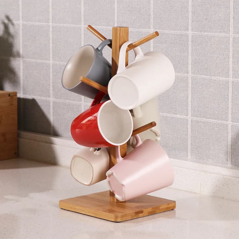 Beech Wooden 6-Cup Mug Holder - Countertop Pantry Stands, Mug Tree Shape Rack for Home Kitchen, Coffee Cup Storage Stand