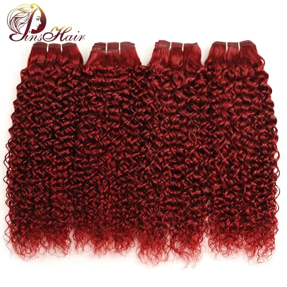 Burgundy Kinky Curly Brazilian Hair Weave - 4 Bundles Thick Human Hair Extensions, Pinshair Non-Remy and Tangle-Free.