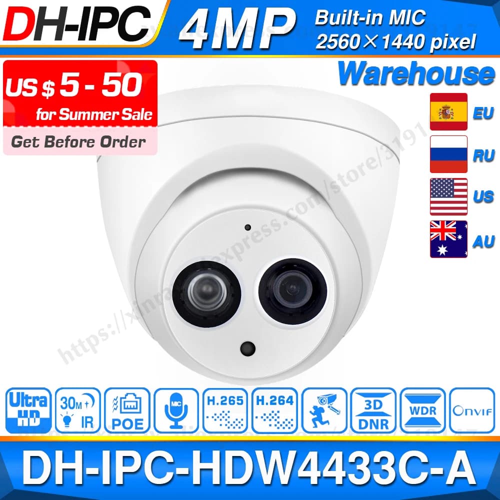 4MP HD POE Network IR Mini Dome IP Camera: Dahua IPC-HDW4433C-A Starlight with Built-in MiC for HDW4431C-A Replacement