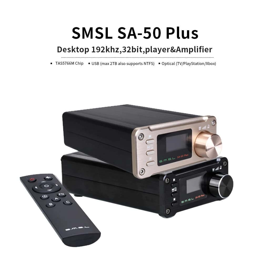 SMSL SA-50 Plus Hifi Power Amplifier - 2.0 DAC TAS5766M Amplifiers Home, 50W Amplificador with Optical Amp