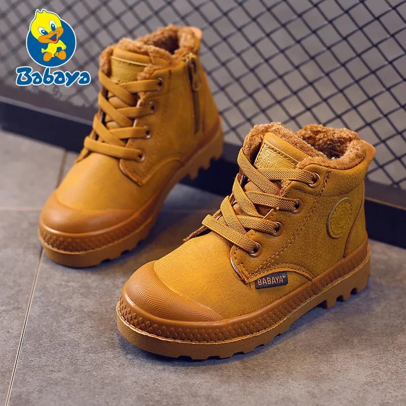 Children Boys Boots - Kids Sneakers High Leather Boots for Boys - Rubber Anti Slip Snow Boots - Fashion Winter Lace-up Shoes - Toddler Botas