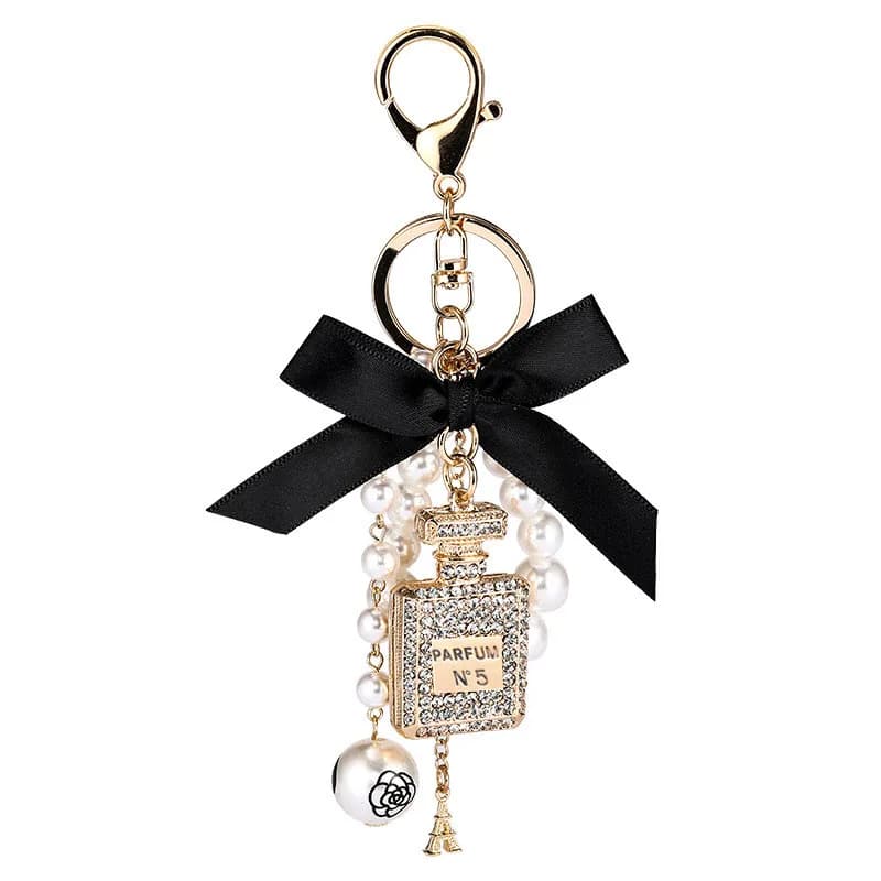 Imitation Pearl Perfume Bottle Keychain - Car Key Ring Holder, Bag Charm Pendant, Bow Fashion Keyring Accessories