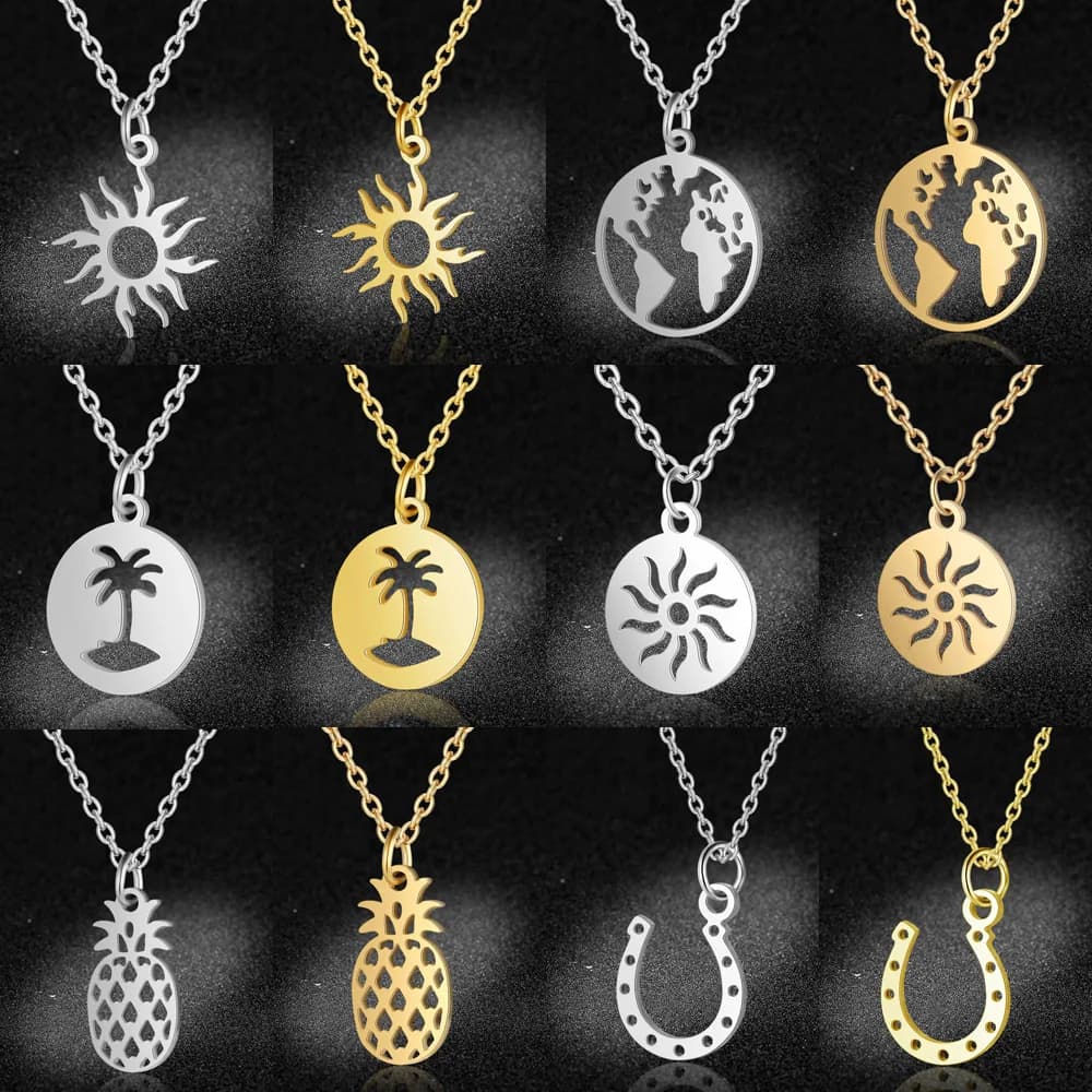 Wholesale Stainless Steel World Map Sun Charm Necklace with Pineapple, Palm Tree, Star, and Horseshoe Elements