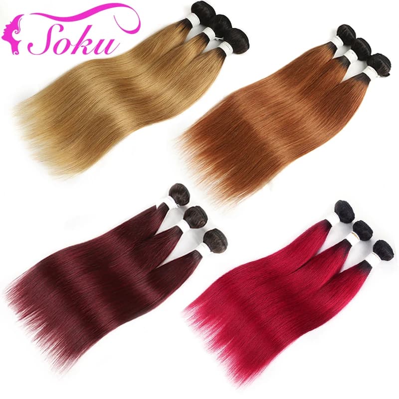 SOKU Brazilian Straight Honey Blonde Ombre Human Hair Weave Bundles T1B/27 Non-Remy Extensions 1/3/4 Piece 8-26 Inch