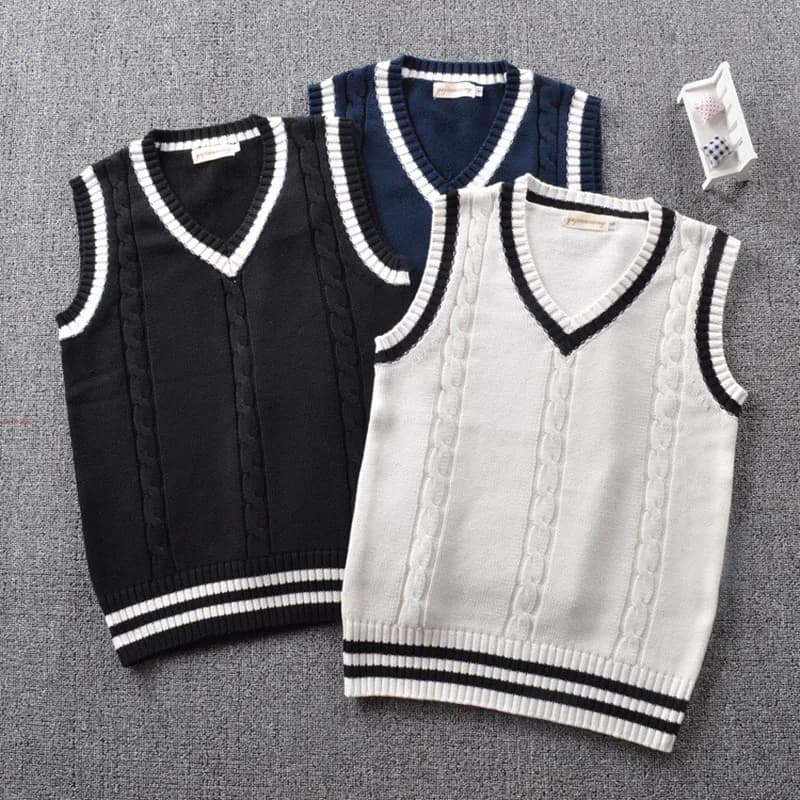 British Korean Style Sleeveless Sweater V-Neck School Uniform for Boys and Girls Knitted Vest