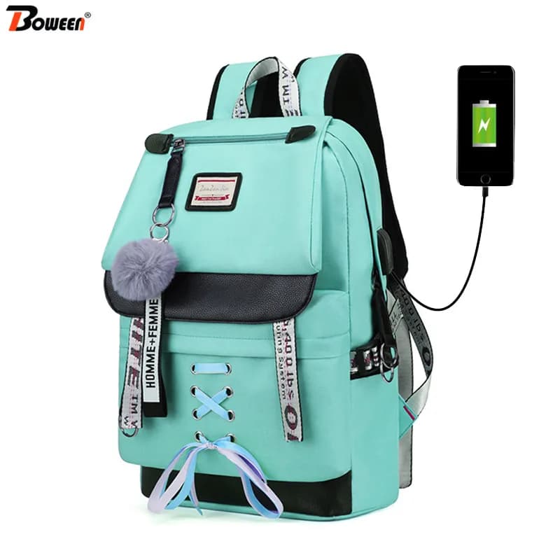 Green Canvas Large Capacity USB School Bags for Girls Teenagers Backpack Women Bookbags - Middle High College Teen Schoolbag Girl