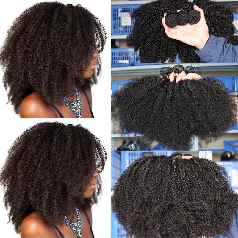 Mongolian Afro Kinky Curly Hair Bundles with Closure - 100% Human Hair - 4B 4C Natural Black Weave Extensions - 3 Bundles Remy